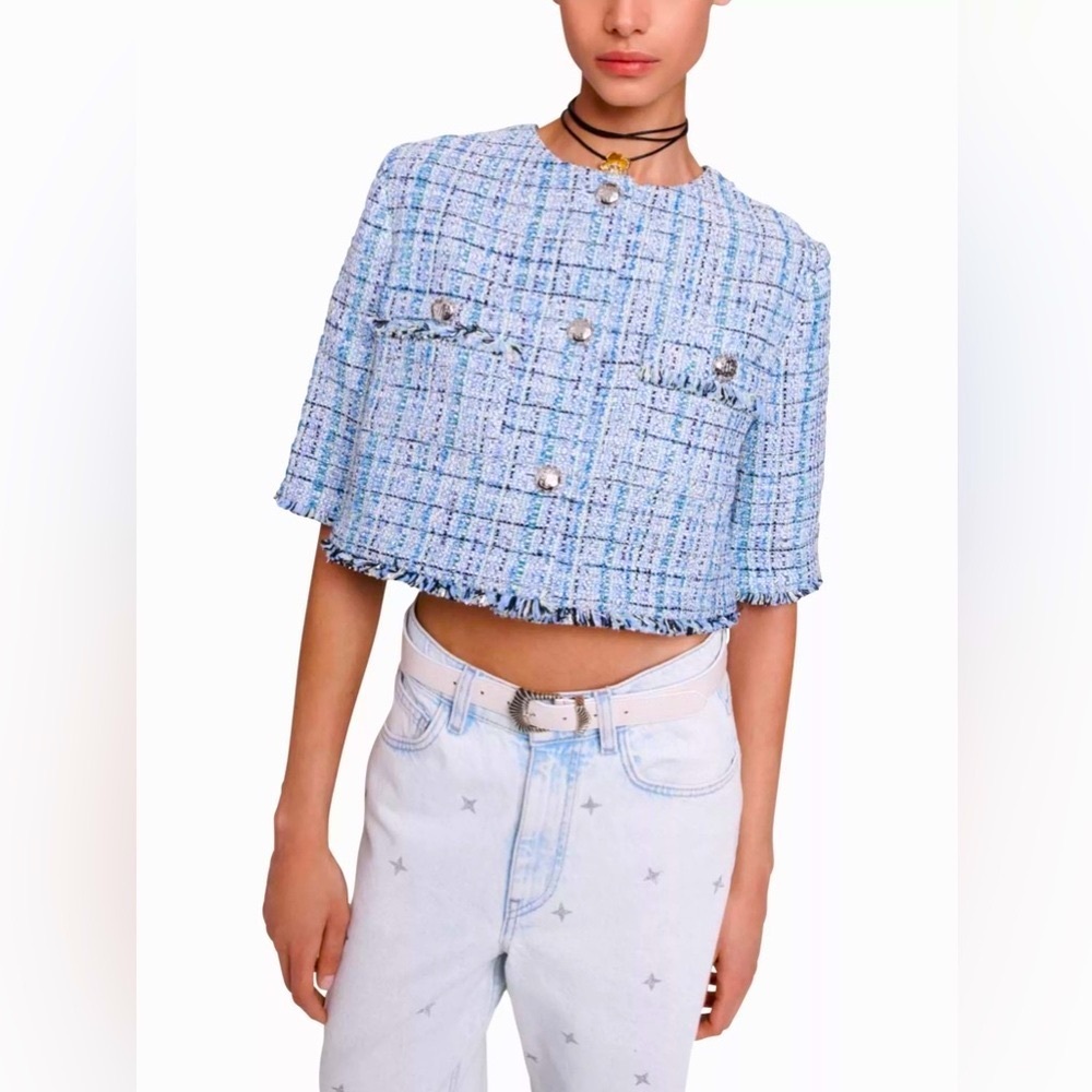 Maje Blue and White Cropped Tweed Blazer
